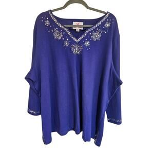 NWT Quacker Factory Purple Sequin Butterfly V Neck Top Embellished 3/4 Sleeve 3X